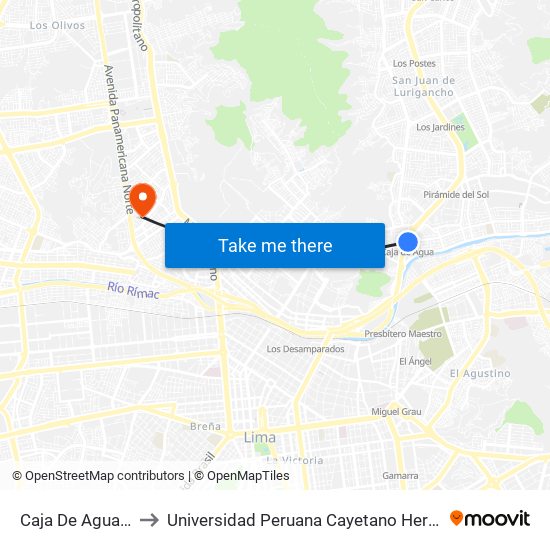 Caja De Agua (Auxiliar) to Universidad Peruana Cayetano Heredia - Campo Central map