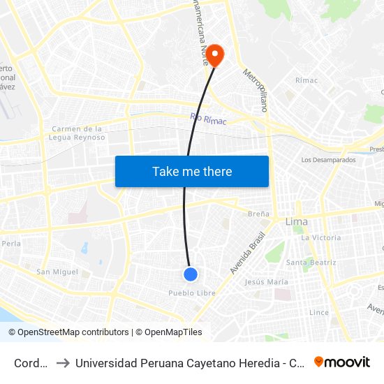 Cordoba to Universidad Peruana Cayetano Heredia - Campo Central map