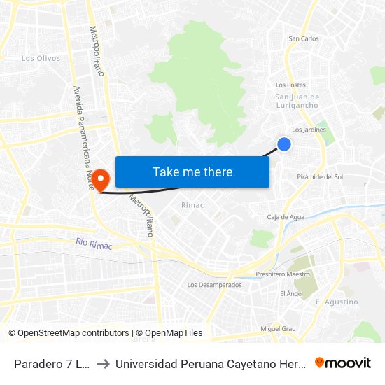 Paradero 7 Las Flores to Universidad Peruana Cayetano Heredia - Campo Central map