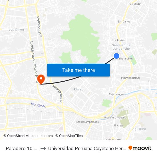 Paradero 10 Las Flores to Universidad Peruana Cayetano Heredia - Campo Central map