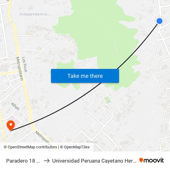 Paradero 18 Las Flores to Universidad Peruana Cayetano Heredia - Campo Central map