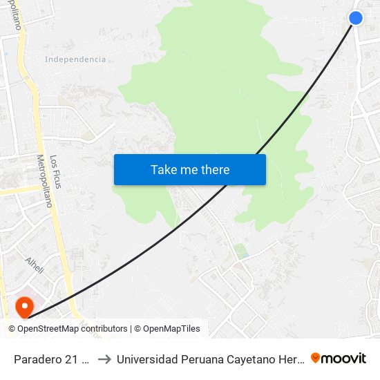 Paradero 21 Las Flores to Universidad Peruana Cayetano Heredia - Campo Central map