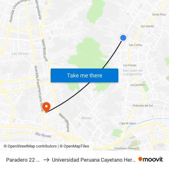 Paradero 22 Las Flores to Universidad Peruana Cayetano Heredia - Campo Central map