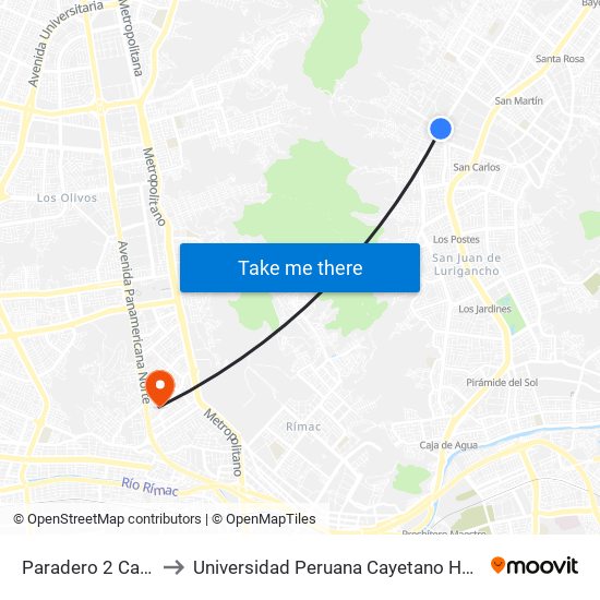 Paradero 2 Canto Grande to Universidad Peruana Cayetano Heredia - Campo Central map