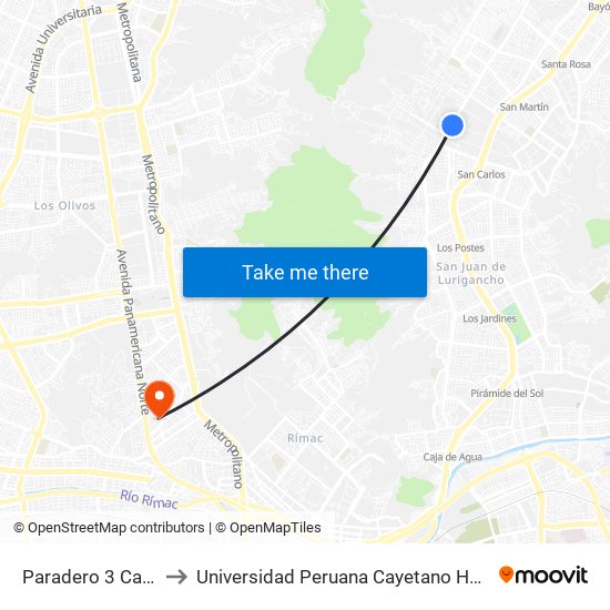Paradero 3 Canto Grande to Universidad Peruana Cayetano Heredia - Campo Central map