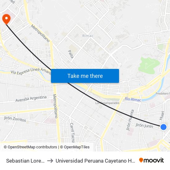 Sebastian Lorente X Coata to Universidad Peruana Cayetano Heredia - Campo Central map