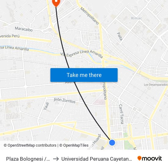 Plaza Bolognesi / Guzman Blanco to Universidad Peruana Cayetano Heredia - Campo Central map