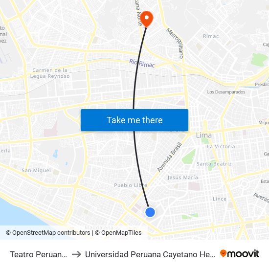 Teatro Peruano Japonés to Universidad Peruana Cayetano Heredia - Campo Central map