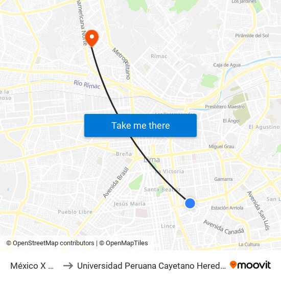 México X Palermo to Universidad Peruana Cayetano Heredia - Campo Central map