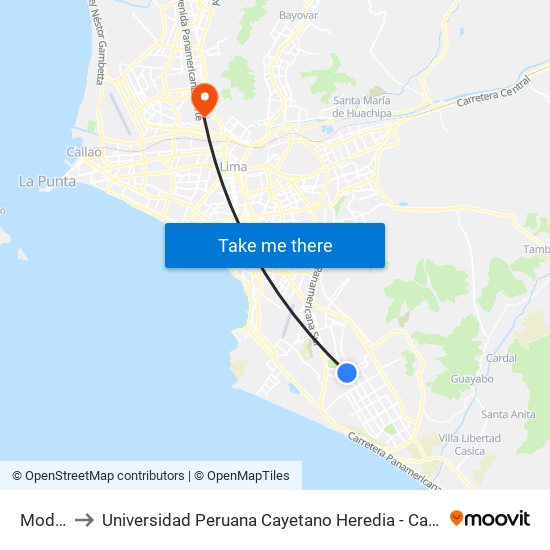 Modelo to Universidad Peruana Cayetano Heredia - Campo Central map