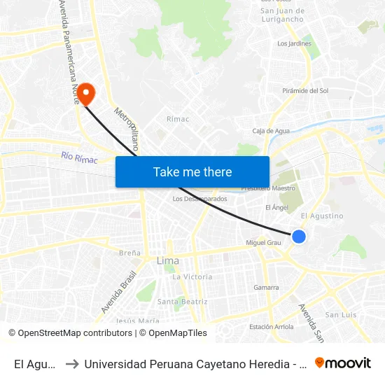 El Agustino to Universidad Peruana Cayetano Heredia - Campo Central map
