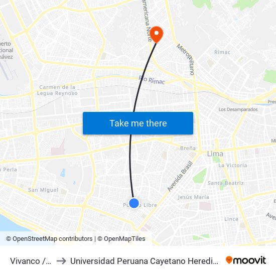 Vivanco / Sucre to Universidad Peruana Cayetano Heredia - Campo Central map