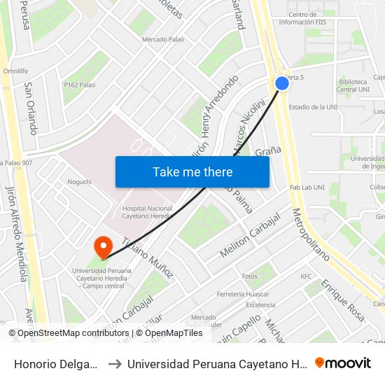 Honorio  Delgado - Puerta 5 to Universidad Peruana Cayetano Heredia - Campo Central map