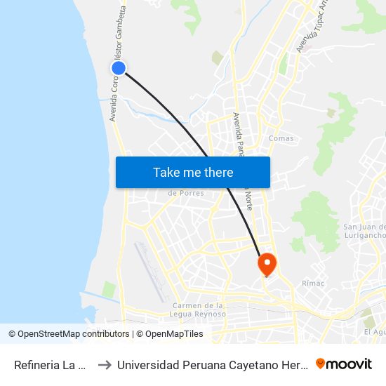 Refineria La Pampilla II to Universidad Peruana Cayetano Heredia - Campo Central map