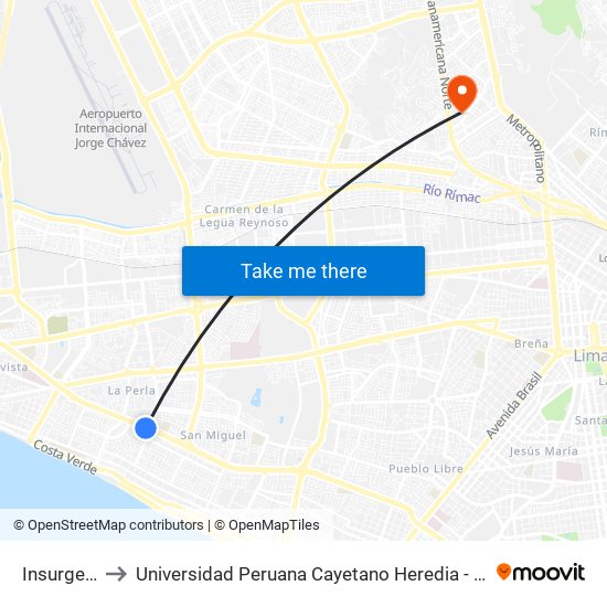 Insurgentes to Universidad Peruana Cayetano Heredia - Campo Central map