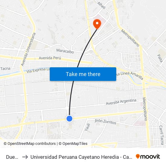 Dueñas to Universidad Peruana Cayetano Heredia - Campo Central map