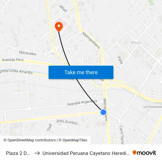 Plaza 2 De Mayo to Universidad Peruana Cayetano Heredia - Campo Central map