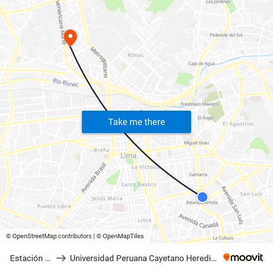 Estación Arriola to Universidad Peruana Cayetano Heredia - Campo Central map