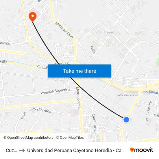 Cuzco to Universidad Peruana Cayetano Heredia - Campo Central map