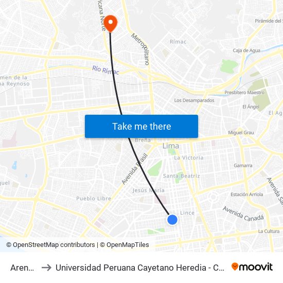 Arenales to Universidad Peruana Cayetano Heredia - Campo Central map