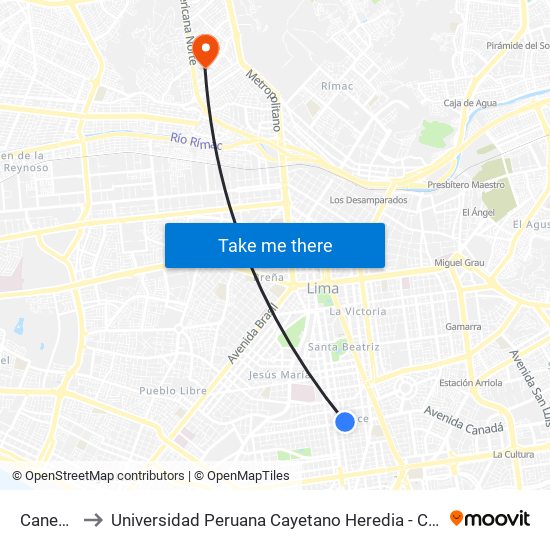 Canevaro to Universidad Peruana Cayetano Heredia - Campo Central map