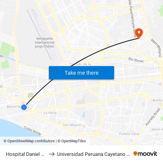Hospital Daniel Alcides Carrión to Universidad Peruana Cayetano Heredia - Campo Central map