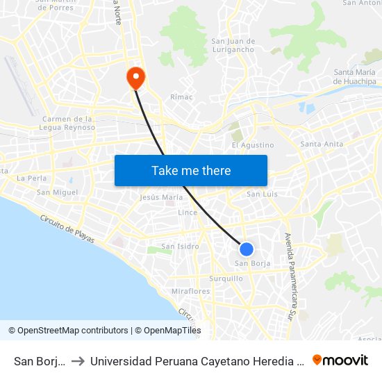 San Borja Sur to Universidad Peruana Cayetano Heredia - Campo Central map