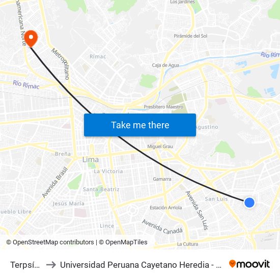 Terpsícore to Universidad Peruana Cayetano Heredia - Campo Central map