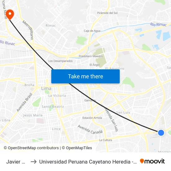 Javier Prado to Universidad Peruana Cayetano Heredia - Campo Central map