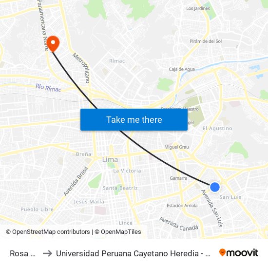 Rosa Toro to Universidad Peruana Cayetano Heredia - Campo Central map