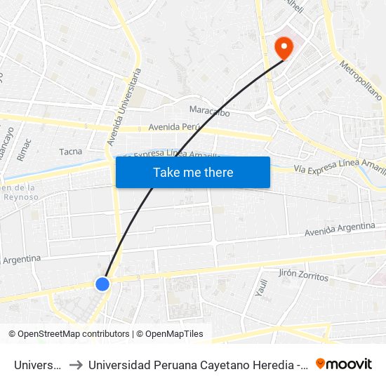 Universitaria to Universidad Peruana Cayetano Heredia - Campo Central map