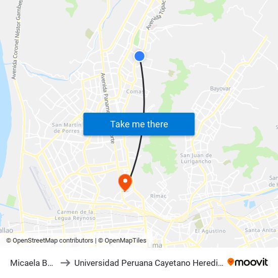 Micaela Bastidas to Universidad Peruana Cayetano Heredia - Campo Central map