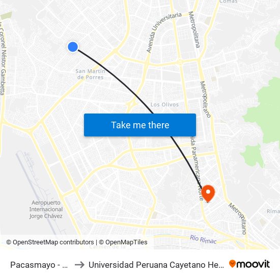 Pacasmayo - Av El Olivar to Universidad Peruana Cayetano Heredia - Campo Central map