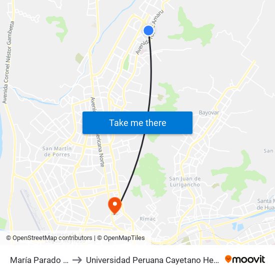 María Parado De Bellido to Universidad Peruana Cayetano Heredia - Campo Central map