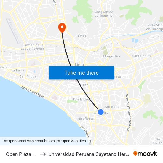 Open Plaza Angamos to Universidad Peruana Cayetano Heredia - Campo Central map