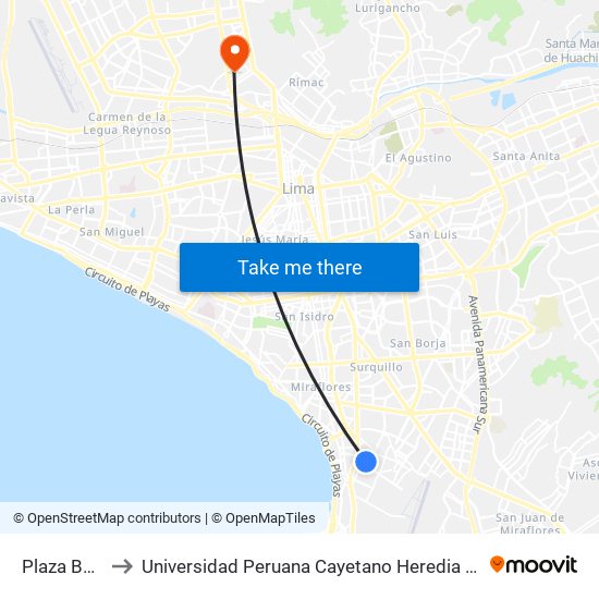 Plaza Butters to Universidad Peruana Cayetano Heredia - Campo Central map