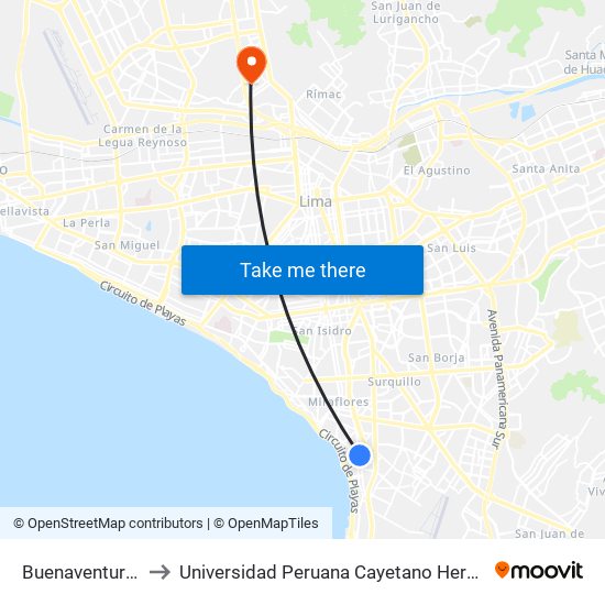 Buenaventura Aguirre to Universidad Peruana Cayetano Heredia - Campo Central map