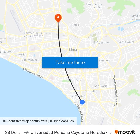28 De Julio to Universidad Peruana Cayetano Heredia - Campo Central map