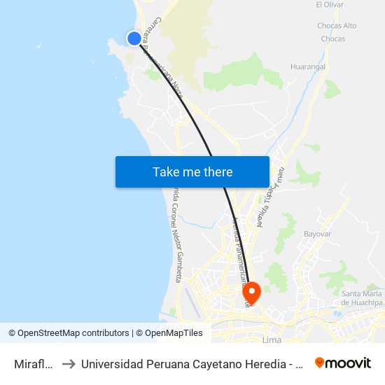 Miraflores to Universidad Peruana Cayetano Heredia - Campo Central map