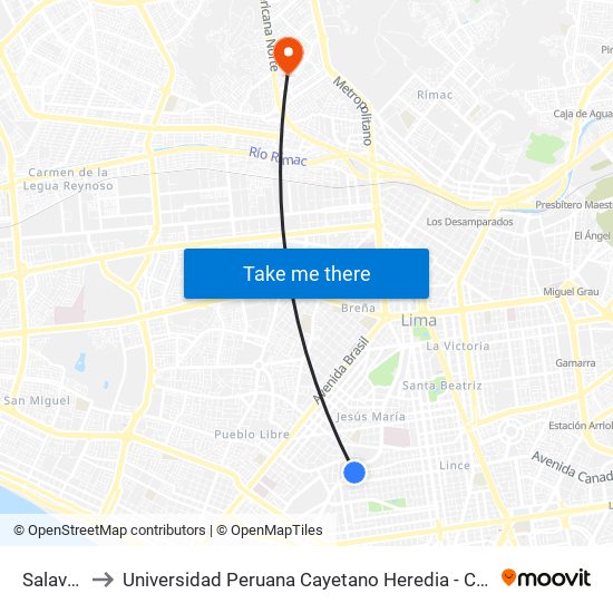 Salaverry to Universidad Peruana Cayetano Heredia - Campo Central map