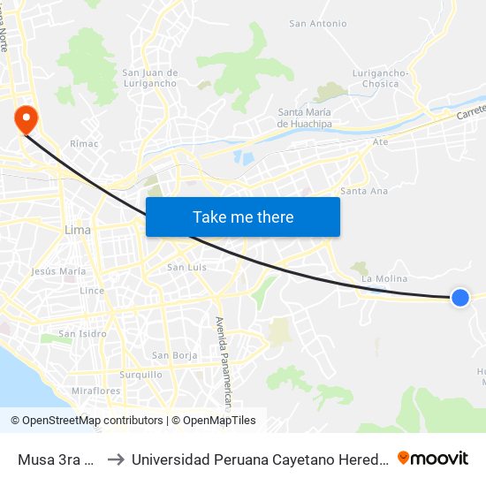 Musa 3ra Entrada to Universidad Peruana Cayetano Heredia - Campo Central map