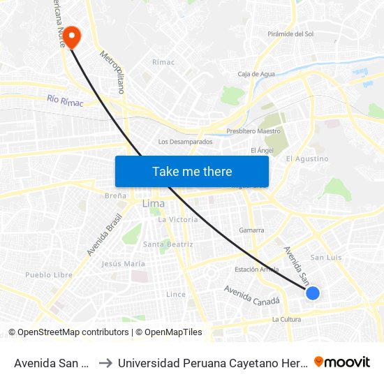 Avenida San Luis, 1126 to Universidad Peruana Cayetano Heredia - Campo Central map