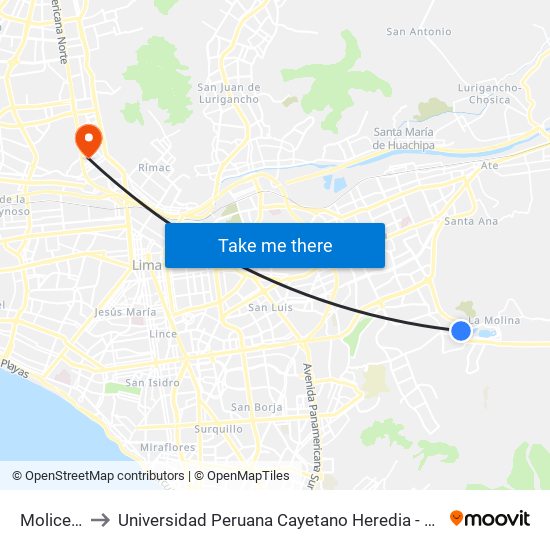 Molicentro to Universidad Peruana Cayetano Heredia - Campo Central map