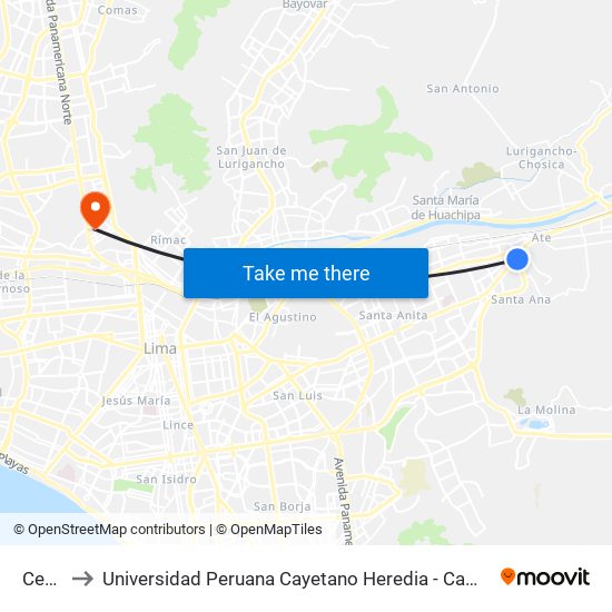 Ceres to Universidad Peruana Cayetano Heredia - Campo Central map