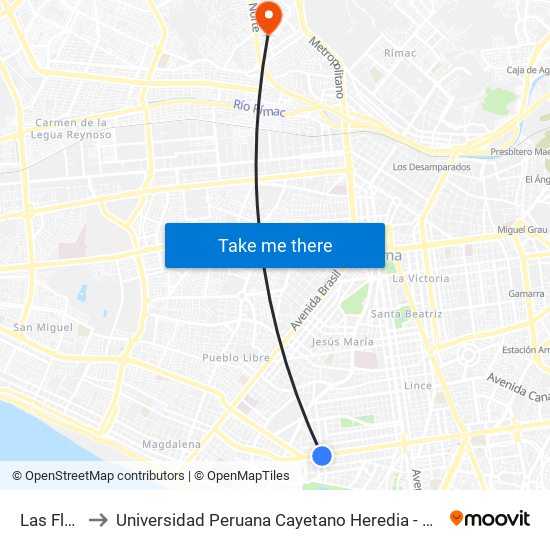 Las Flores to Universidad Peruana Cayetano Heredia - Campo Central map