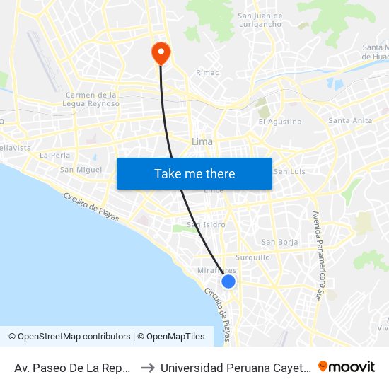 Av. Paseo De La República (Parque Reducto) to Universidad Peruana Cayetano Heredia - Campo Central map