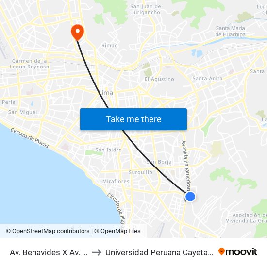 Av. Benavides X Av. Defensores De Lima to Universidad Peruana Cayetano Heredia - Campo Central map