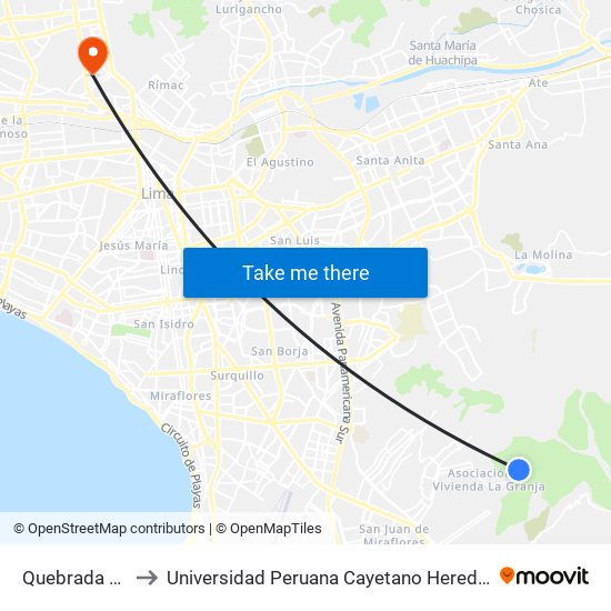 Quebrada Paraiso to Universidad Peruana Cayetano Heredia - Campo Central map