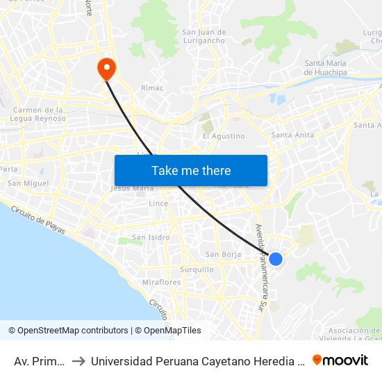 Av. Primavera to Universidad Peruana Cayetano Heredia - Campo Central map