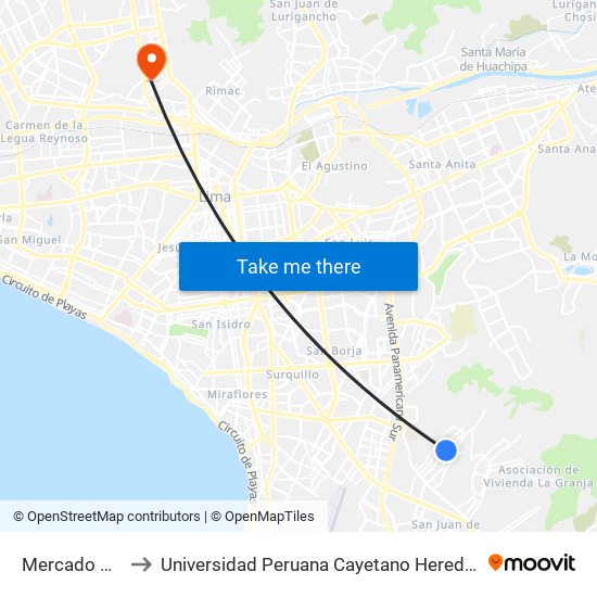 Mercado Ollantay to Universidad Peruana Cayetano Heredia - Campo Central map